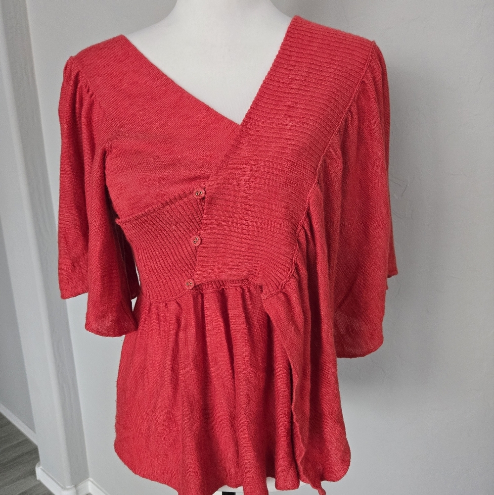 Anthropologie Moth Taupo Coral Assymetrical Ruffle Kimono Blouse Top Sz S/M